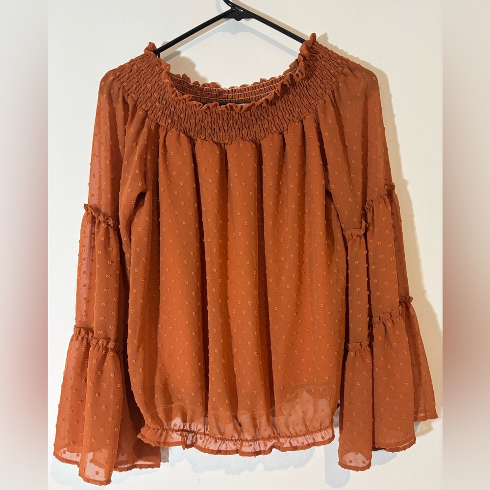 Women’s Medium Long Sleeve Swiss Dot Burnt Orange Blouse Off Shoulder Casual Top